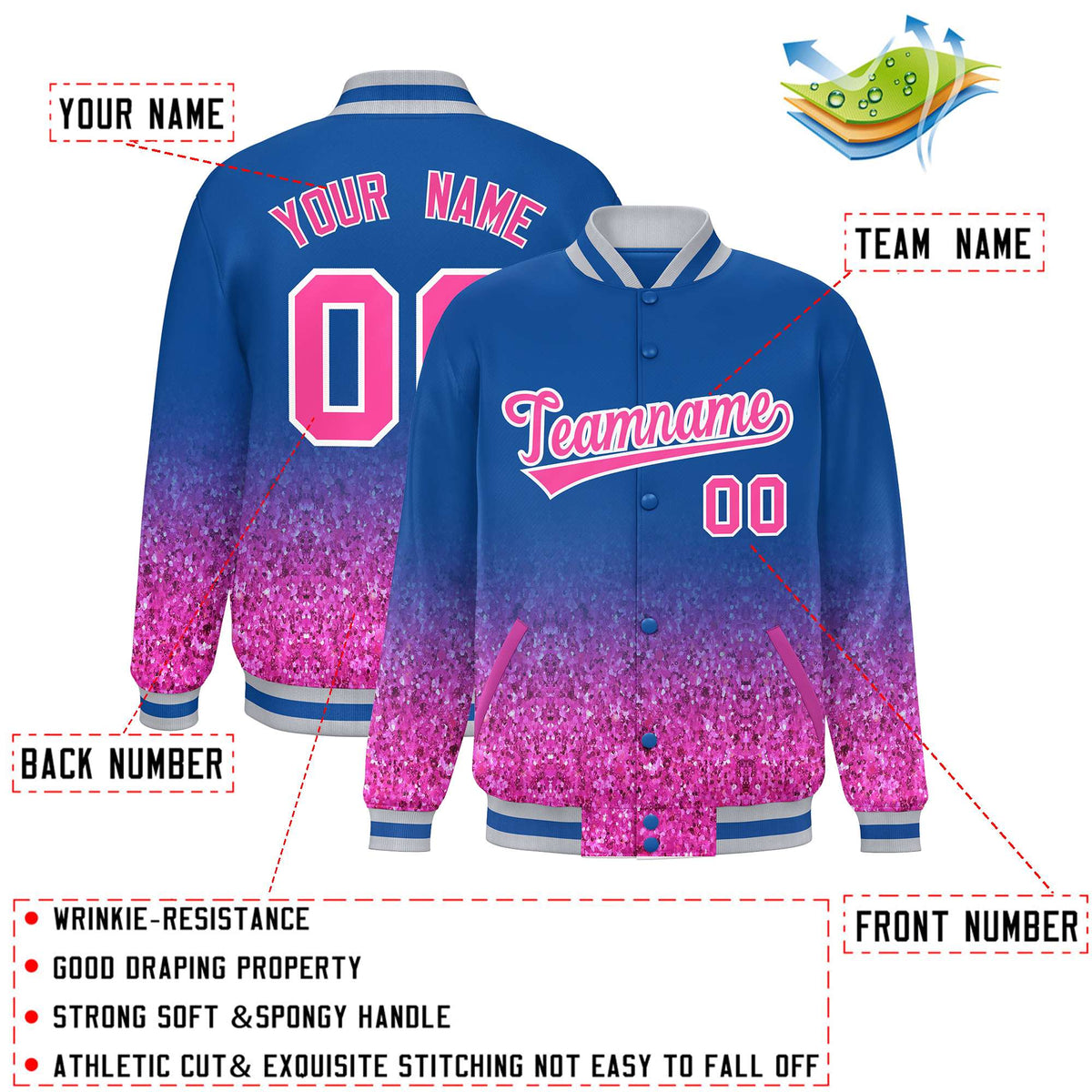 Custom Royal Varsity Full-Snap Sparkle-Effect Pattern Letterman Baseball Jacket