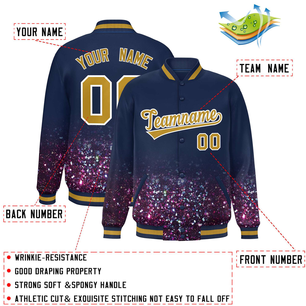 Custom Navy Varsity Full-Snap Sparkle-Effect Pattern Letterman Baseball Jacket