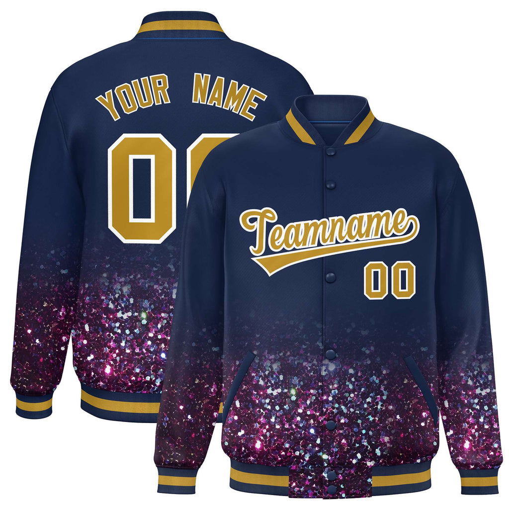 Custom Navy Varsity Full-Snap Sparkle-Effect Pattern Letterman Baseball Jacket