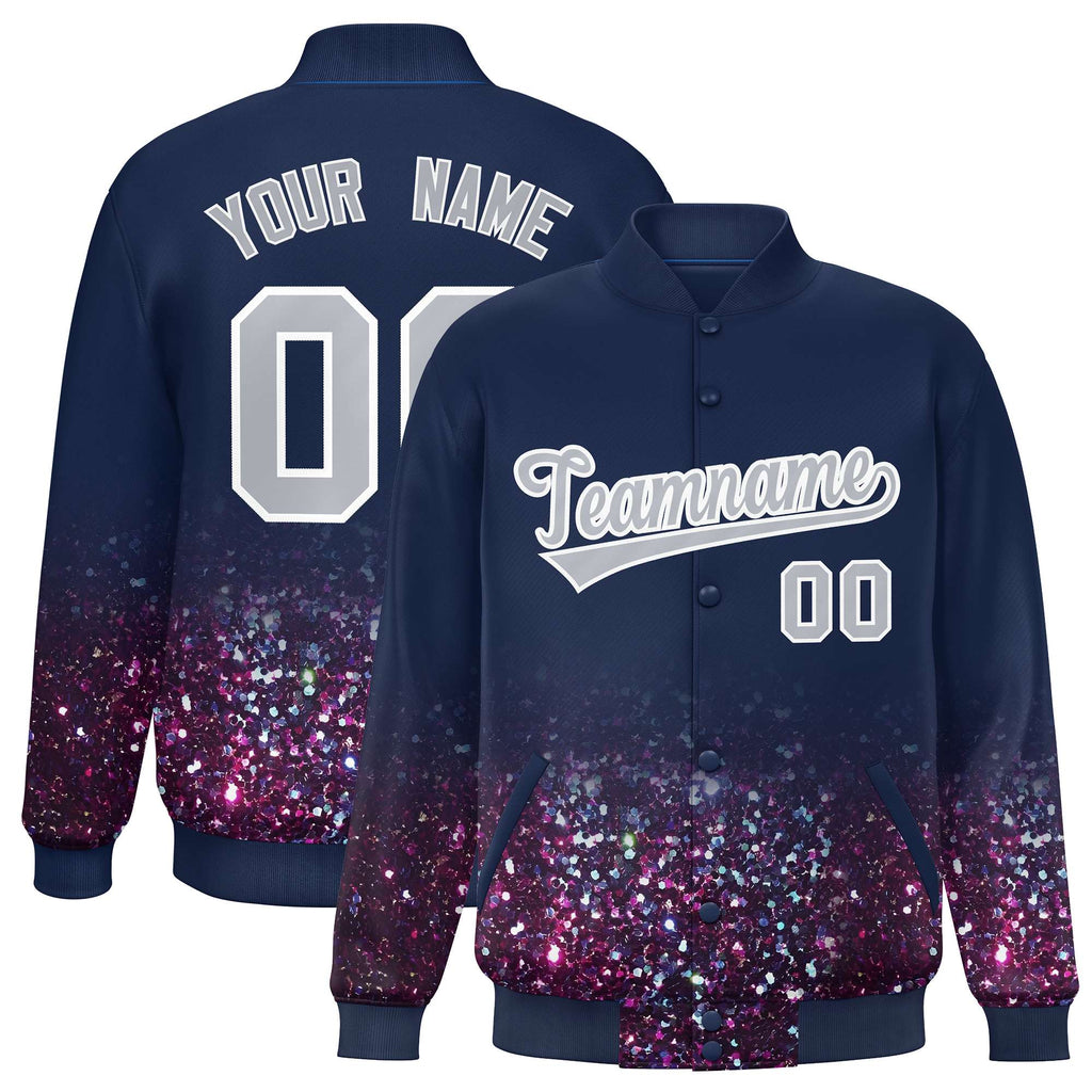 Custom Navy Varsity Full-Snap Sparkle-Effect Pattern Letterman Baseball Jacket