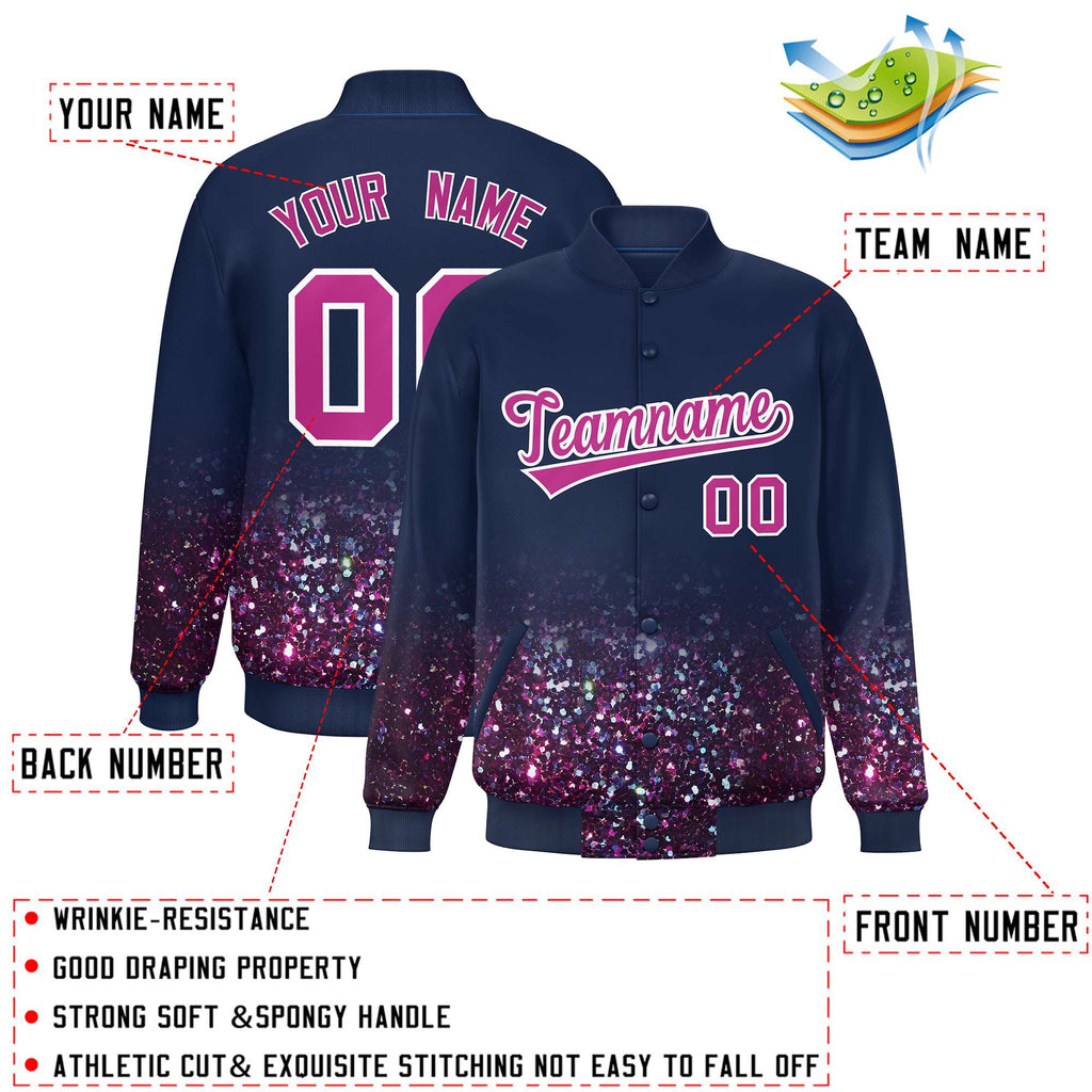 Custom Navy Varsity Full-Snap Sparkle-Effect Pattern Letterman Baseball Jacket