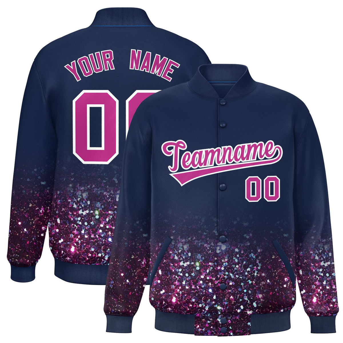 Custom Navy Varsity Full-Snap Sparkle-Effect Pattern Letterman Baseball Jacket