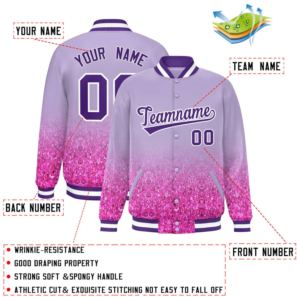 Custom Light Purple Varsity Full-Snap Sparkle-Effect Pattern Letterman Baseball Jacket