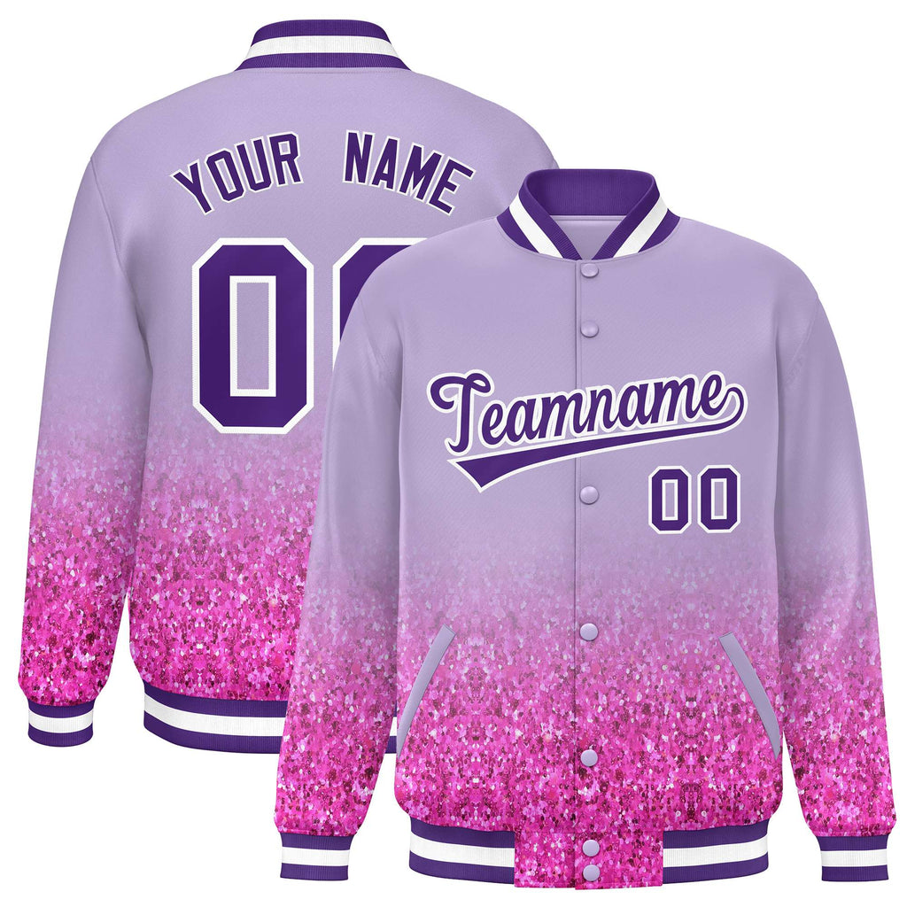 Custom Light Purple Varsity Full-Snap Sparkle-Effect Pattern Letterman Baseball Jacket