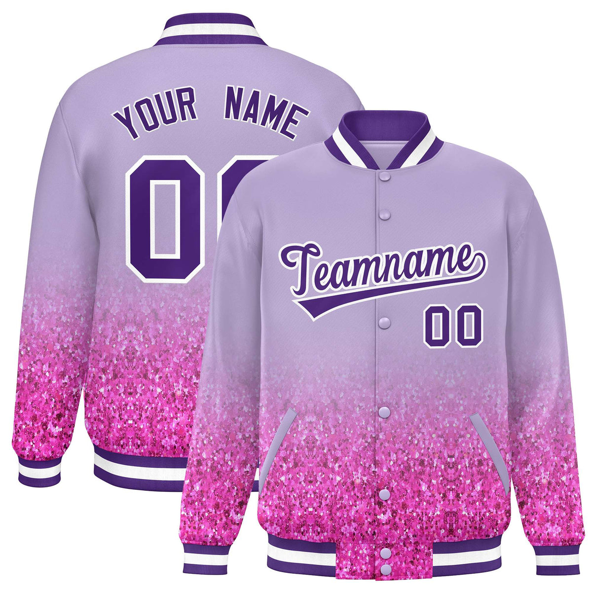 Custom Light Purple Varsity Full-Snap Sparkle-Effect Pattern Letterman Baseball Jacket