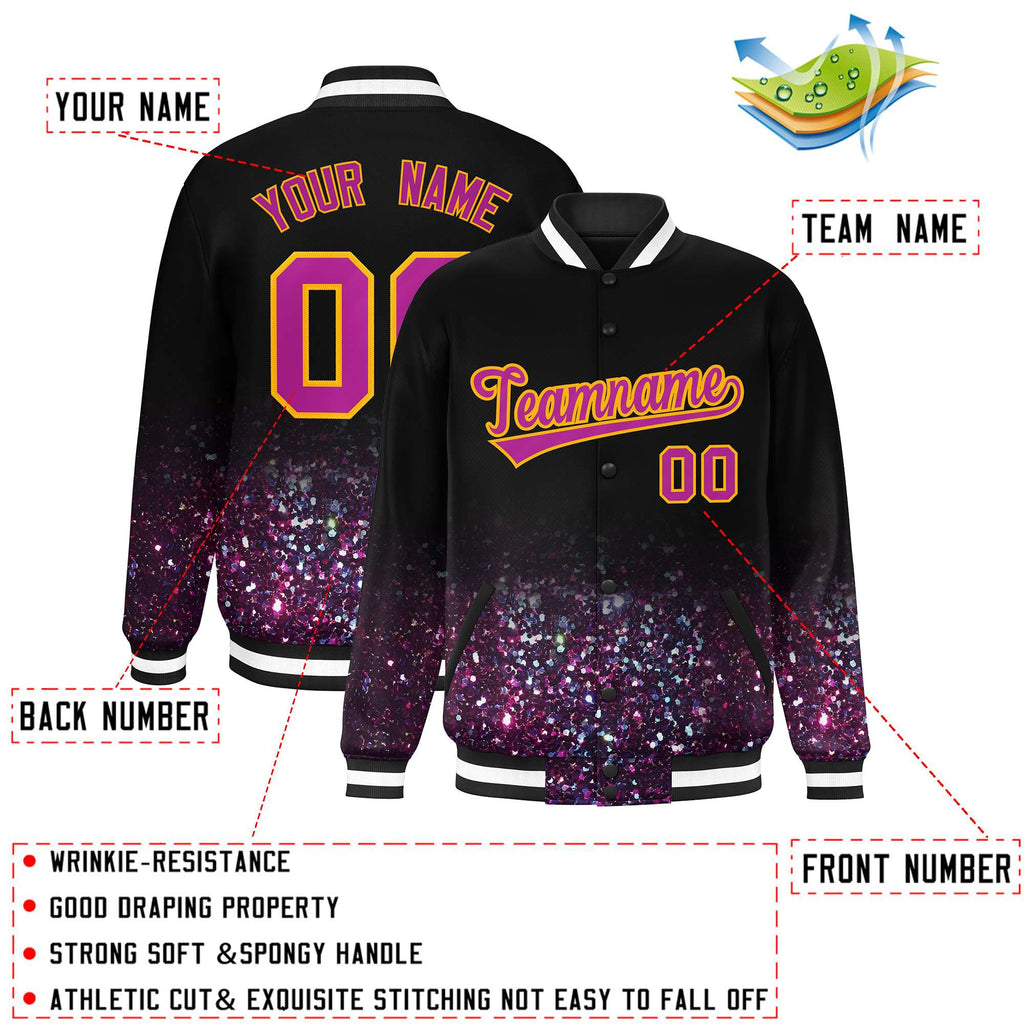 Custom Black Varsity Full-Snap Sparkle-Effect Pattern Letterman Baseball Jacket