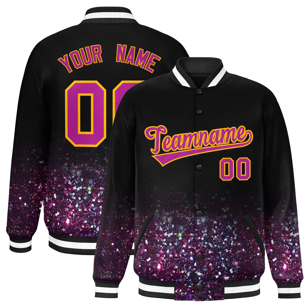 Custom Black Varsity Full-Snap Sparkle-Effect Pattern Letterman Baseball Jacket