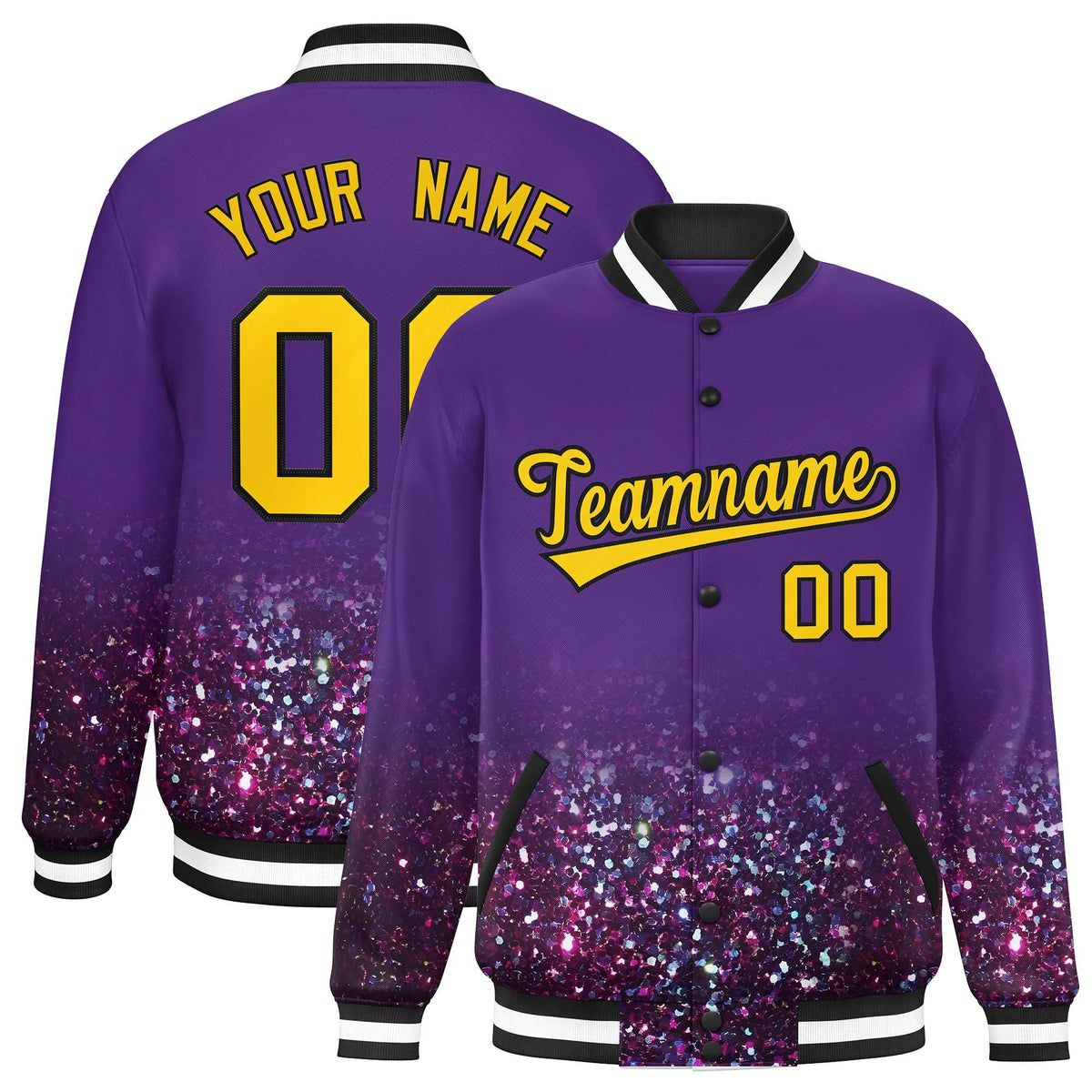 Custom Purple Varsity Full-Snap Sparkle-Effect Pattern Letterman Baseball Jacket