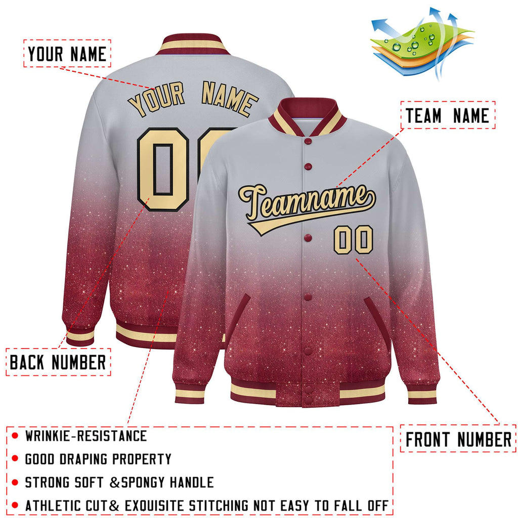Custom Gray Varsity Full-Snap Sparkle-Effect Pattern Letterman Baseball Jacket