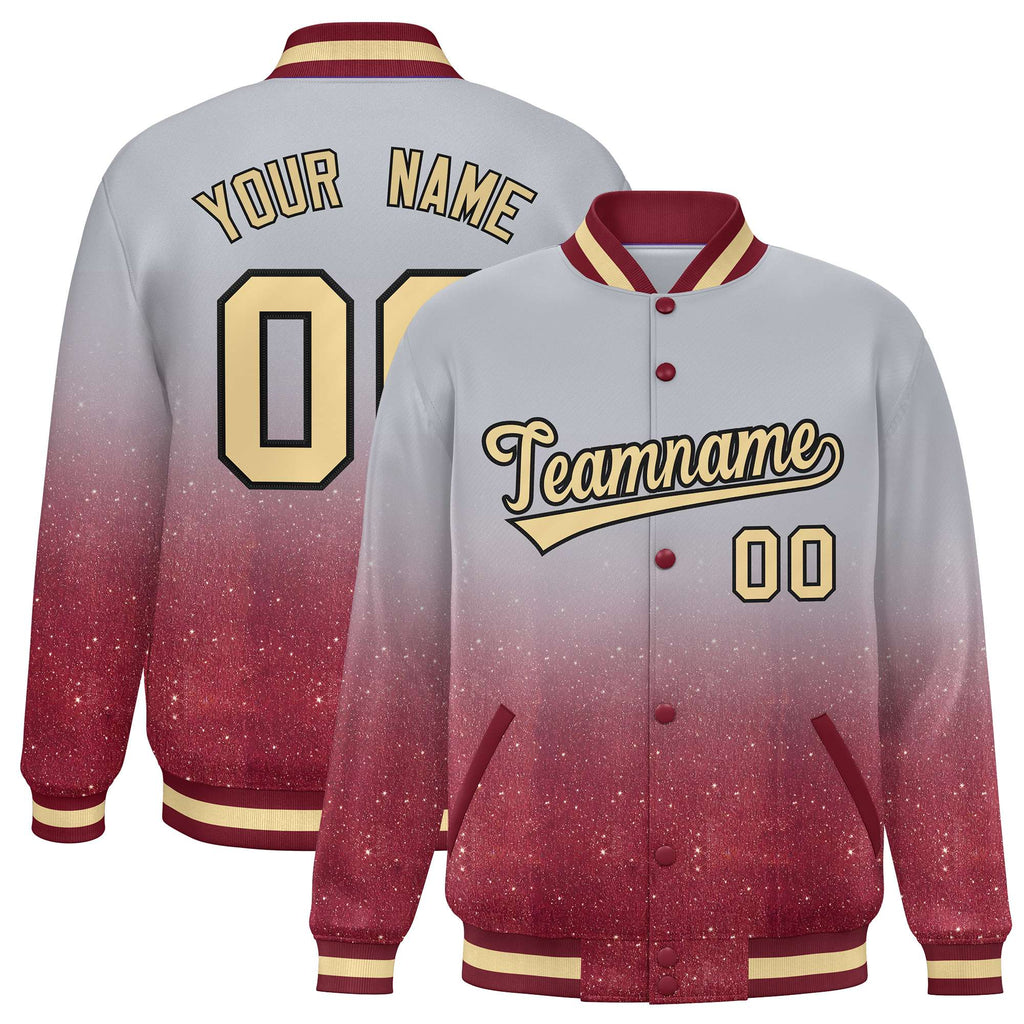 Custom Gray Varsity Full-Snap Sparkle-Effect Pattern Letterman Baseball Jacket