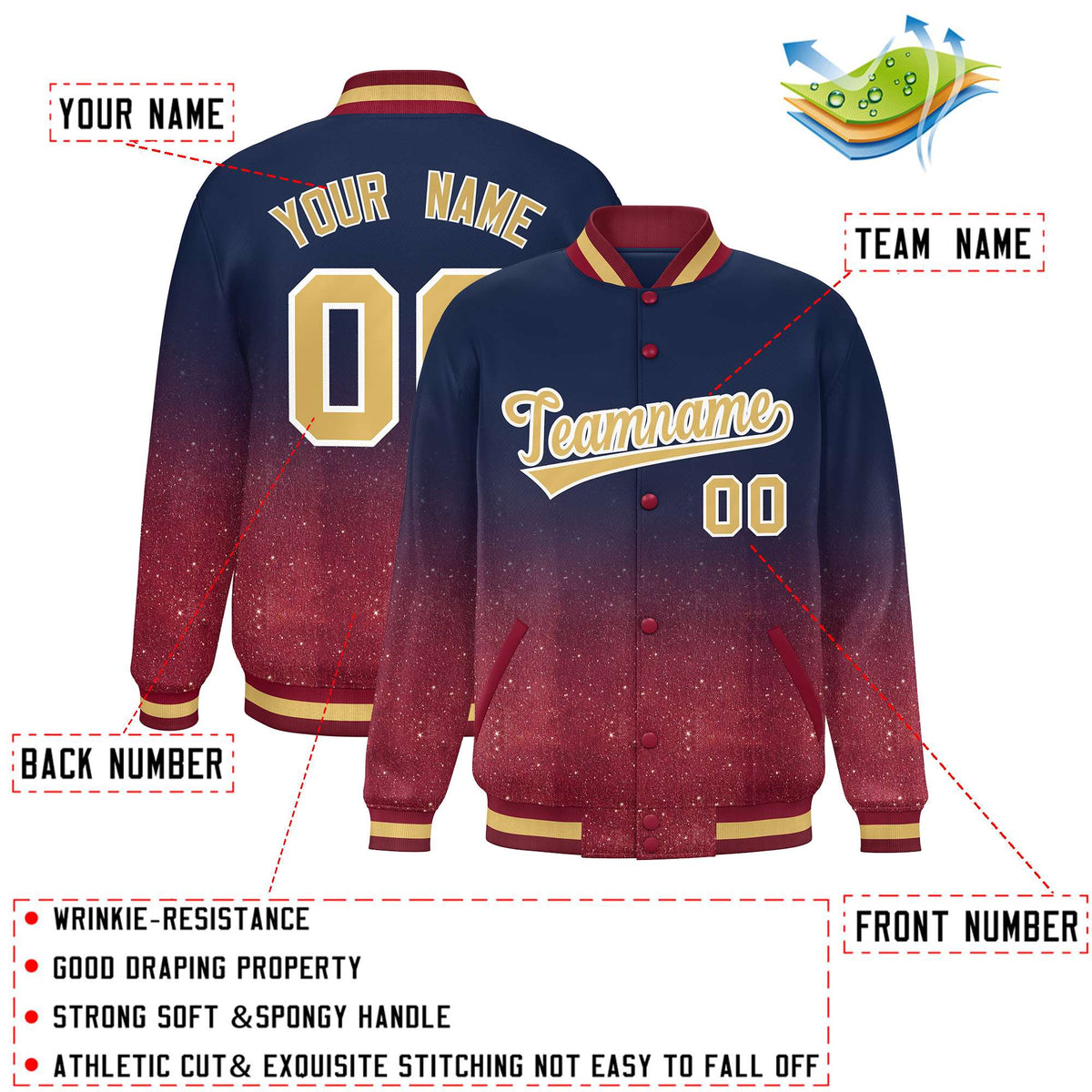 Custom Navy Varsity Full-Snap Sparkle-Effect Pattern Letterman Baseball Jacket