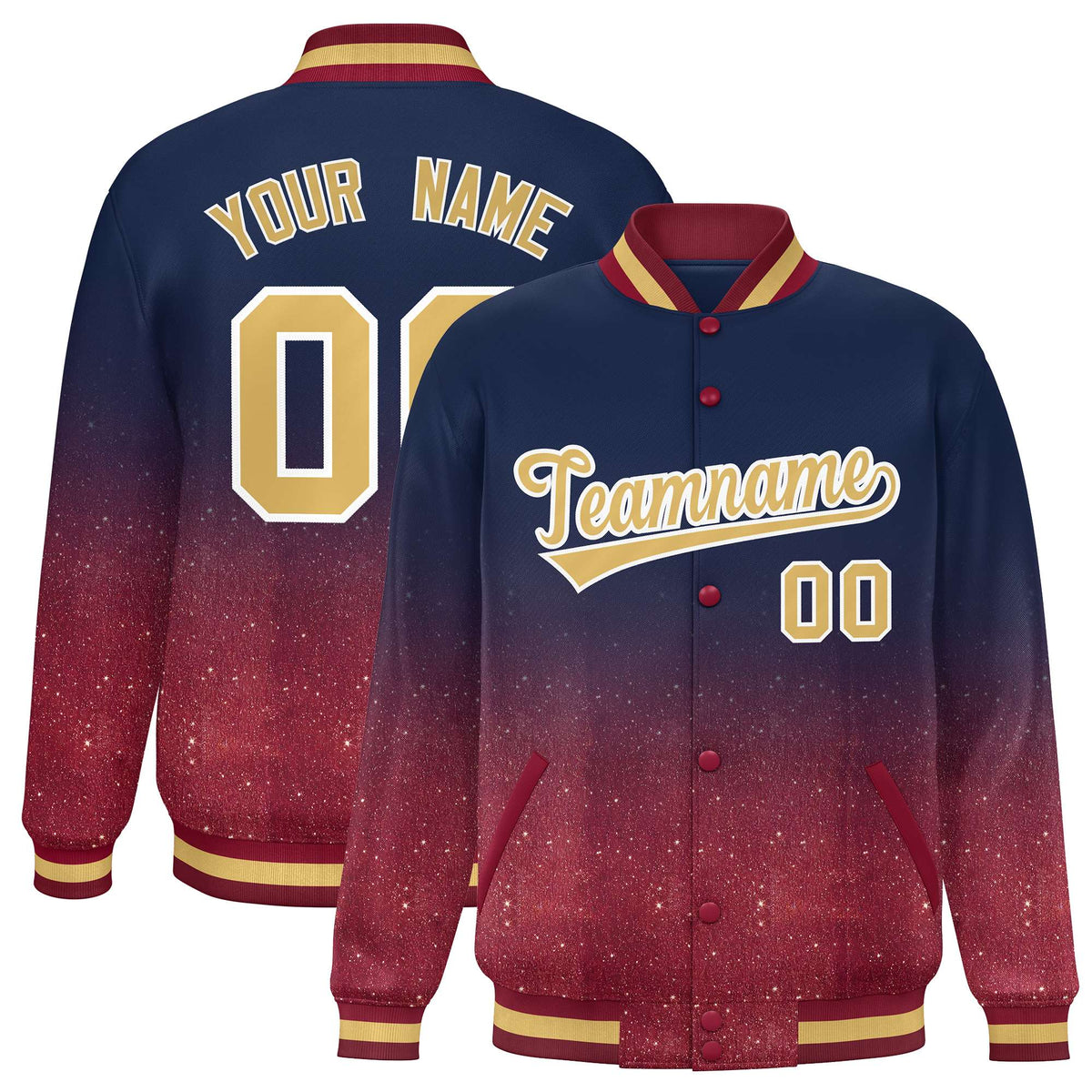 Custom Navy Varsity Full-Snap Sparkle-Effect Pattern Letterman Baseball Jacket
