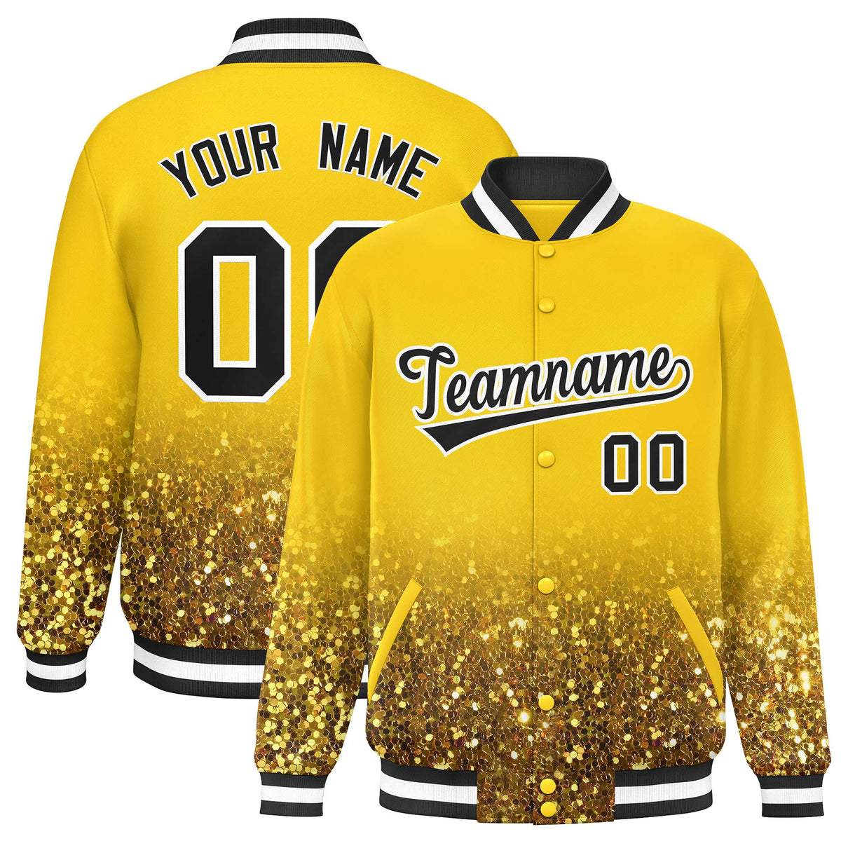 Custom Gold Varsity Full-Snap Sparkle-Effect Pattern Letterman Baseball Jacket