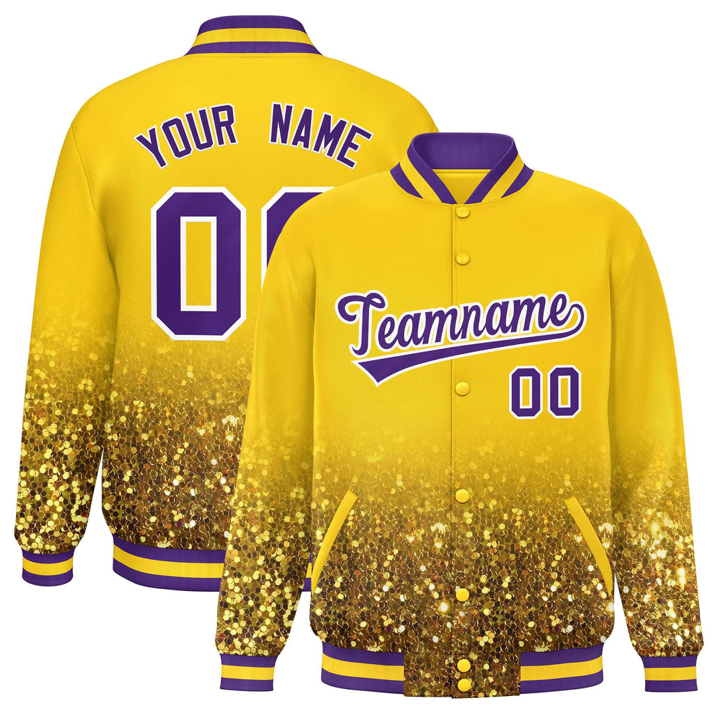 Custom Gold Varsity Full-Snap Sparkle-Effect Pattern Letterman Baseball Jacket