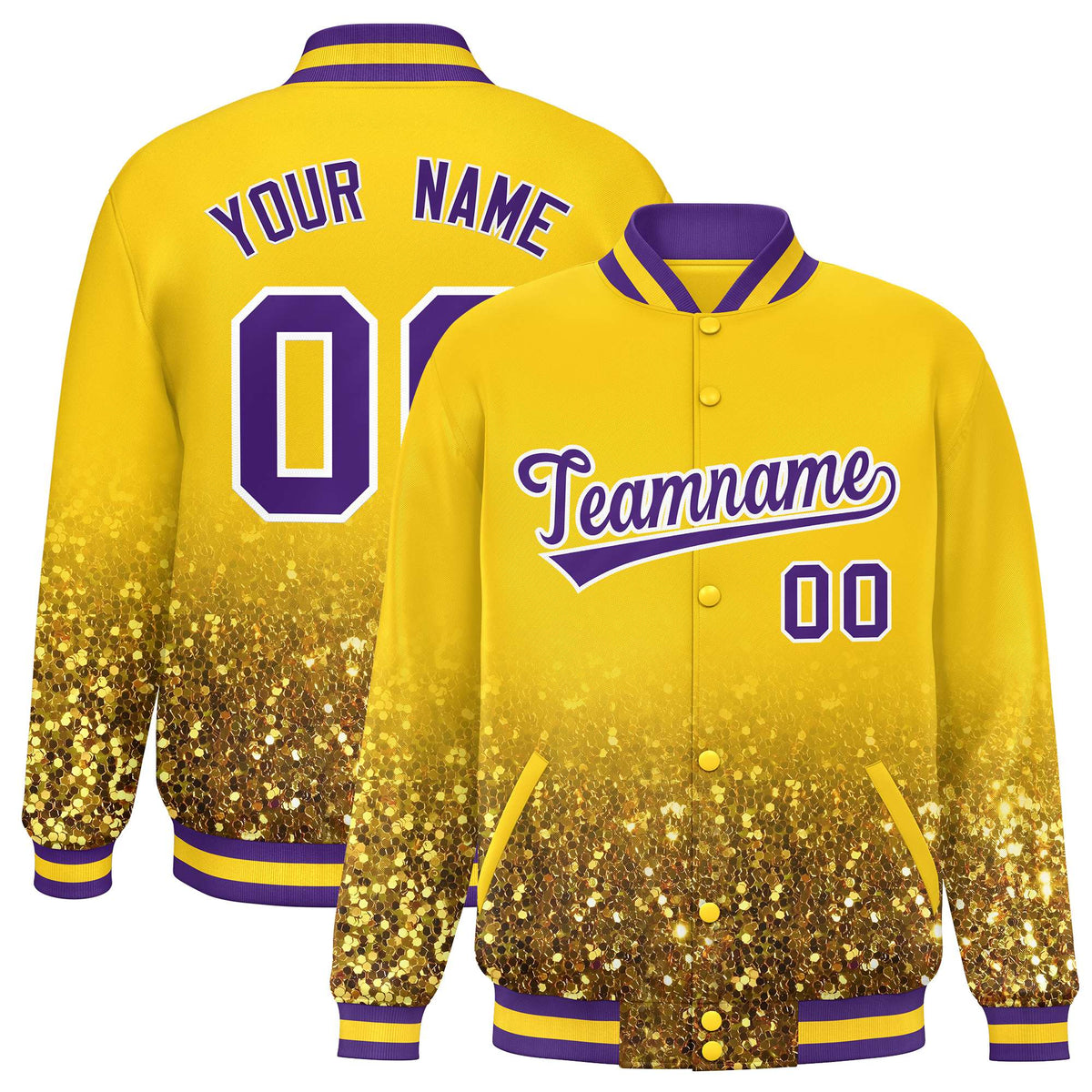 Custom Gold Varsity Full-Snap Sparkle-Effect Pattern Letterman Baseball Jacket