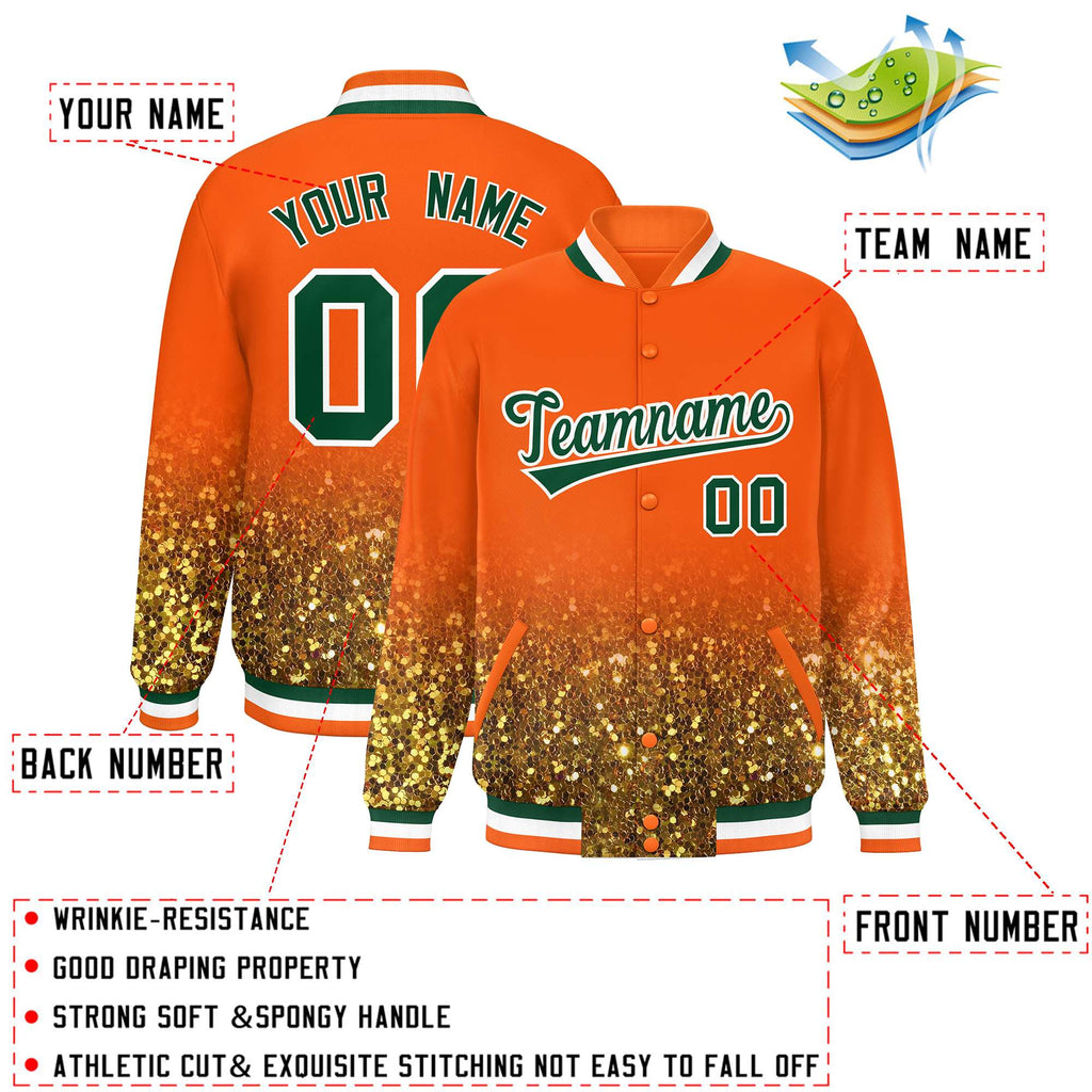 Custom Orange Varsity Full-Snap Sparkle-Effect Pattern Letterman Baseball Jacket