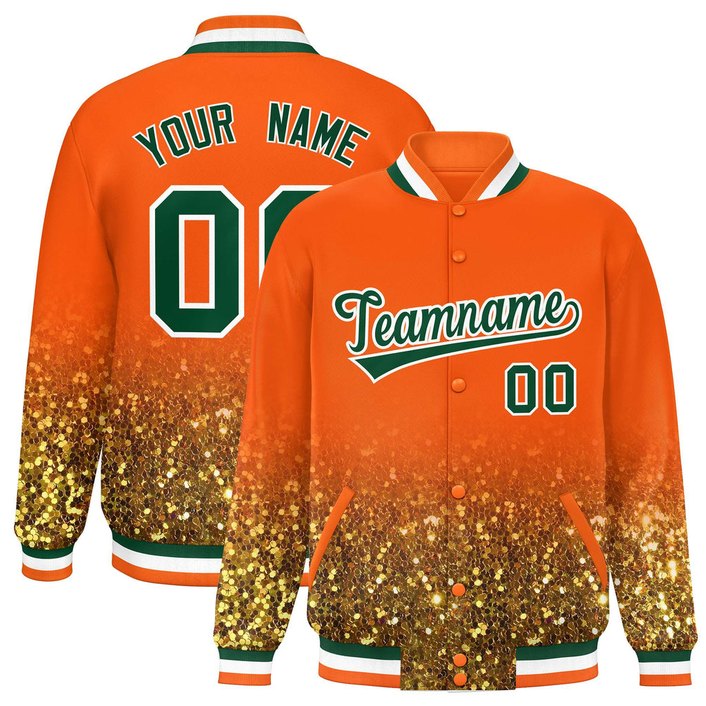 Custom Orange Varsity Full-Snap Sparkle-Effect Pattern Letterman Baseball Jacket