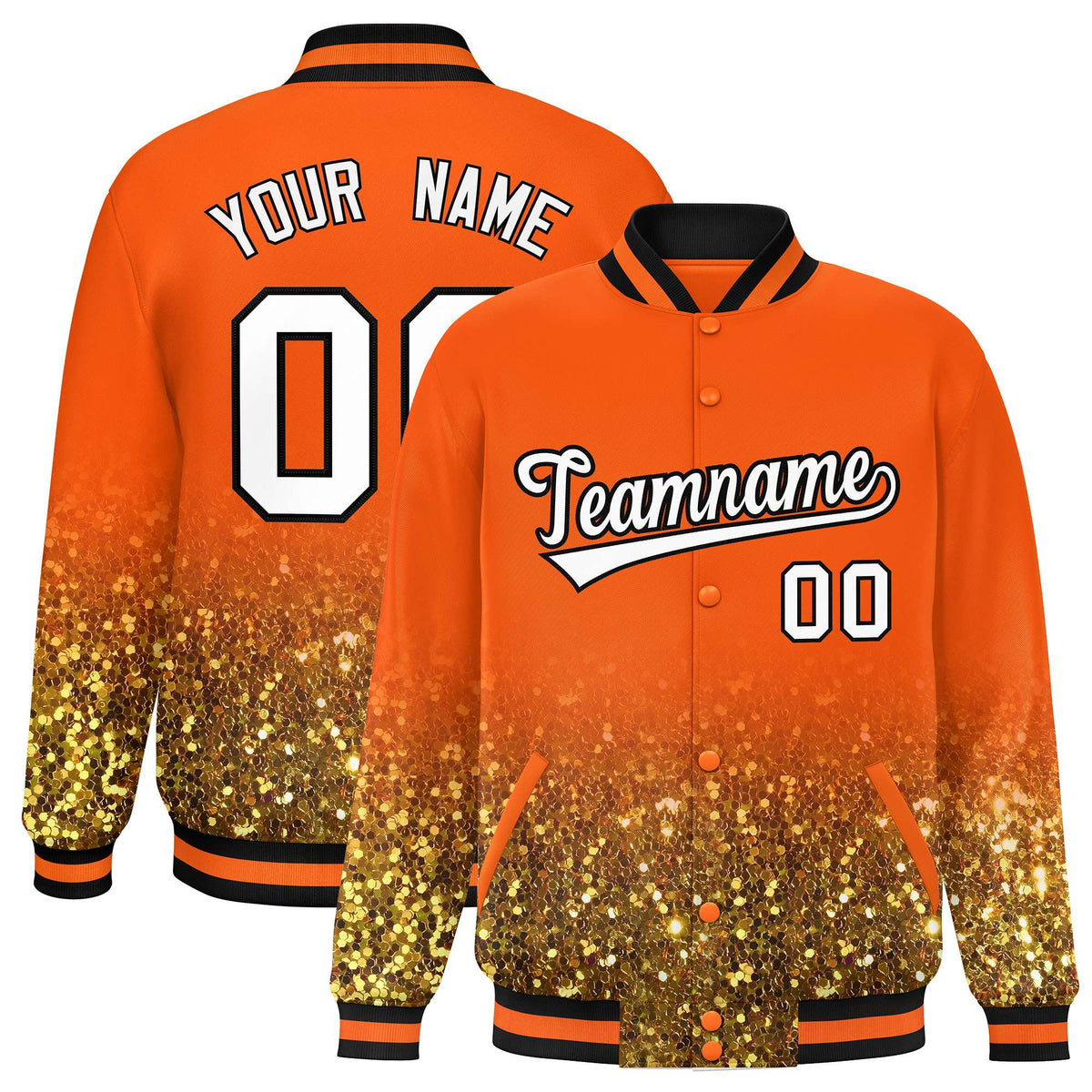 Custom Orange Varsity Full-Snap Sparkle-Effect Pattern Letterman Baseball Jacket