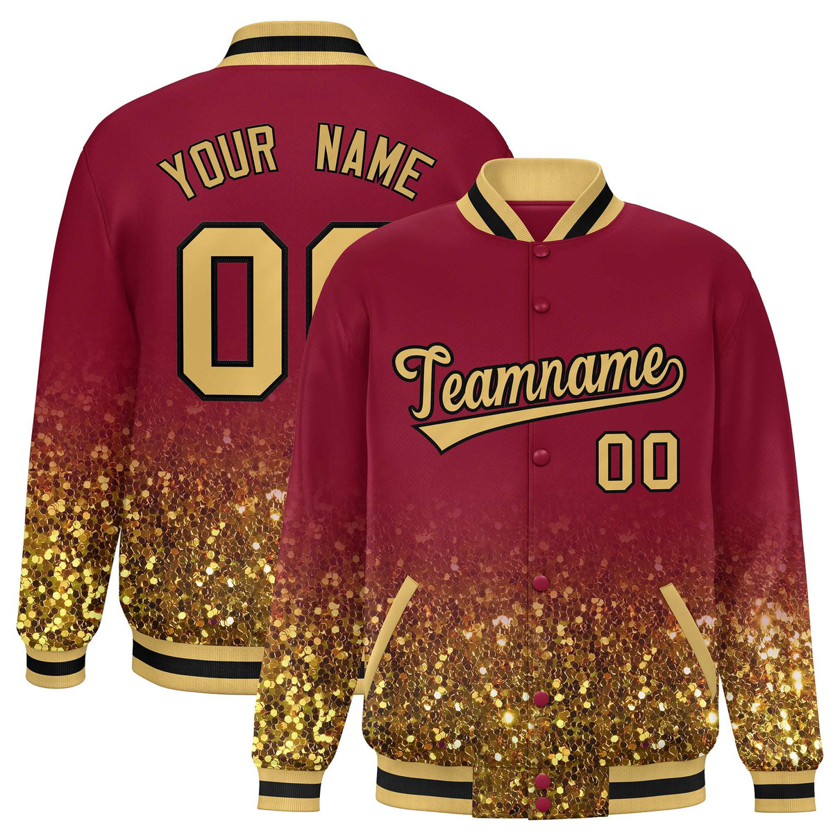 Custom Crimson Varsity Full-Snap Sparkle-Effect Pattern Letterman Baseball Jacket