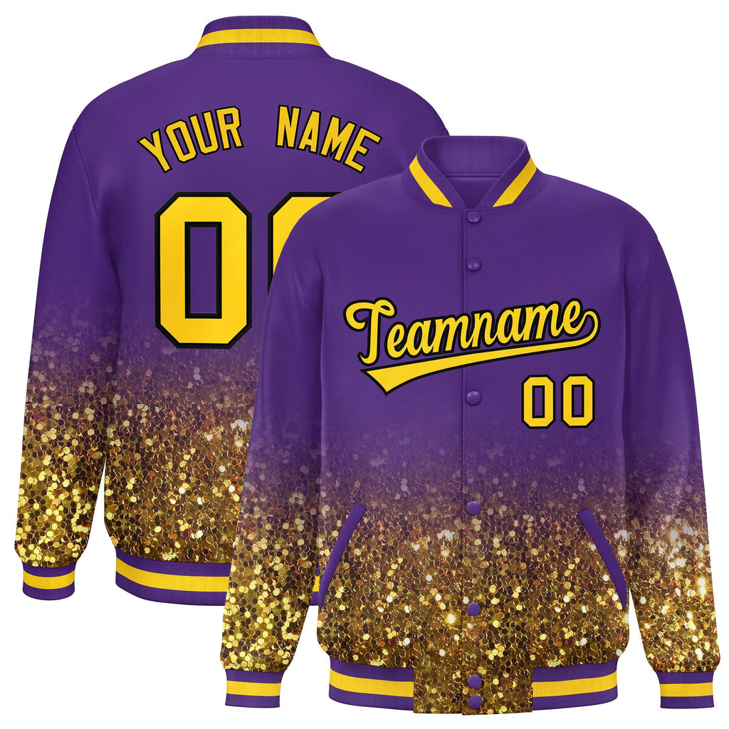 Custom Purple Varsity Full-Snap Sparkle-Effect Pattern Letterman Baseball Jacket