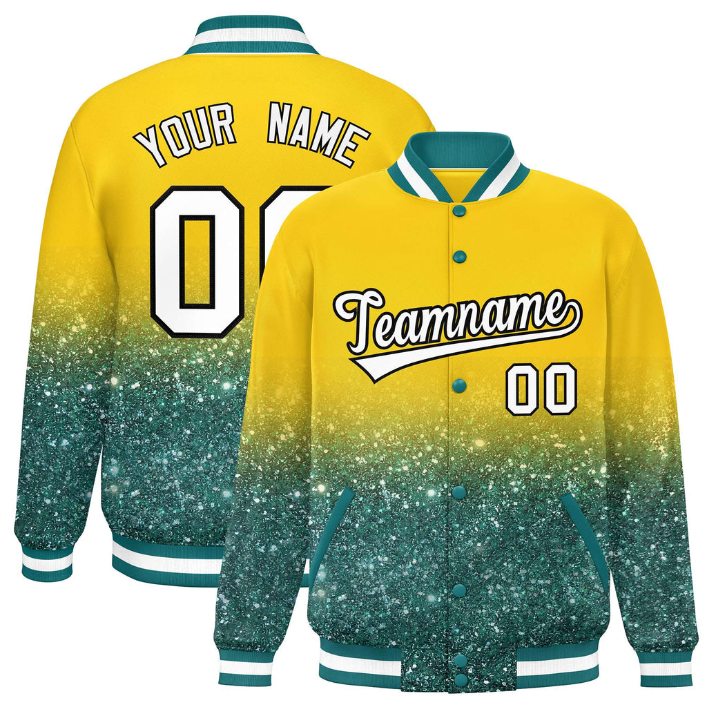 Custom Gold Varsity Full-Snap Sparkle-Effect Pattern Letterman Baseball Jacket