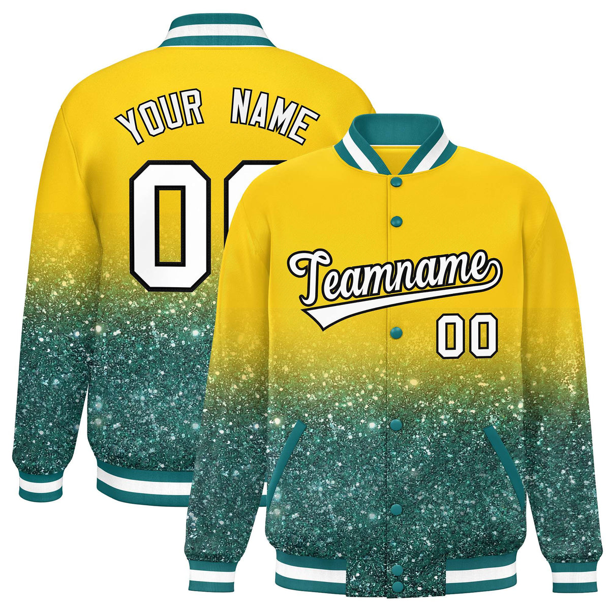 Custom Gold Varsity Full-Snap Sparkle-Effect Pattern Letterman Baseball Jacket