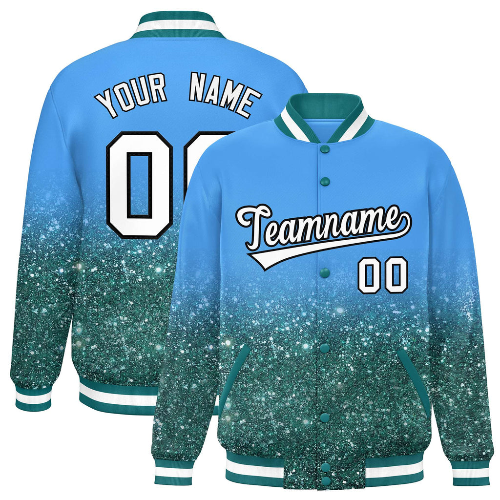 Custom Powder Blue Varsity Full-Snap Sparkle-Effect Pattern Letterman Baseball Jacket