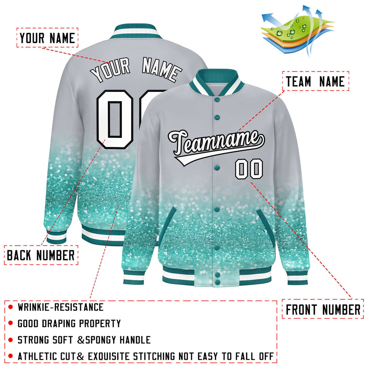 Custom Gray Varsity Full-Snap Sparkle-Effect Pattern Letterman Baseball Jacket