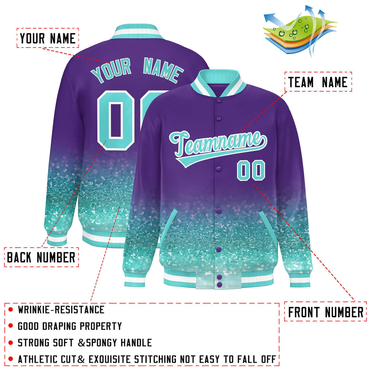Custom Purple Varsity Full-Snap Sparkle-Effect Pattern Letterman Baseball Jacket