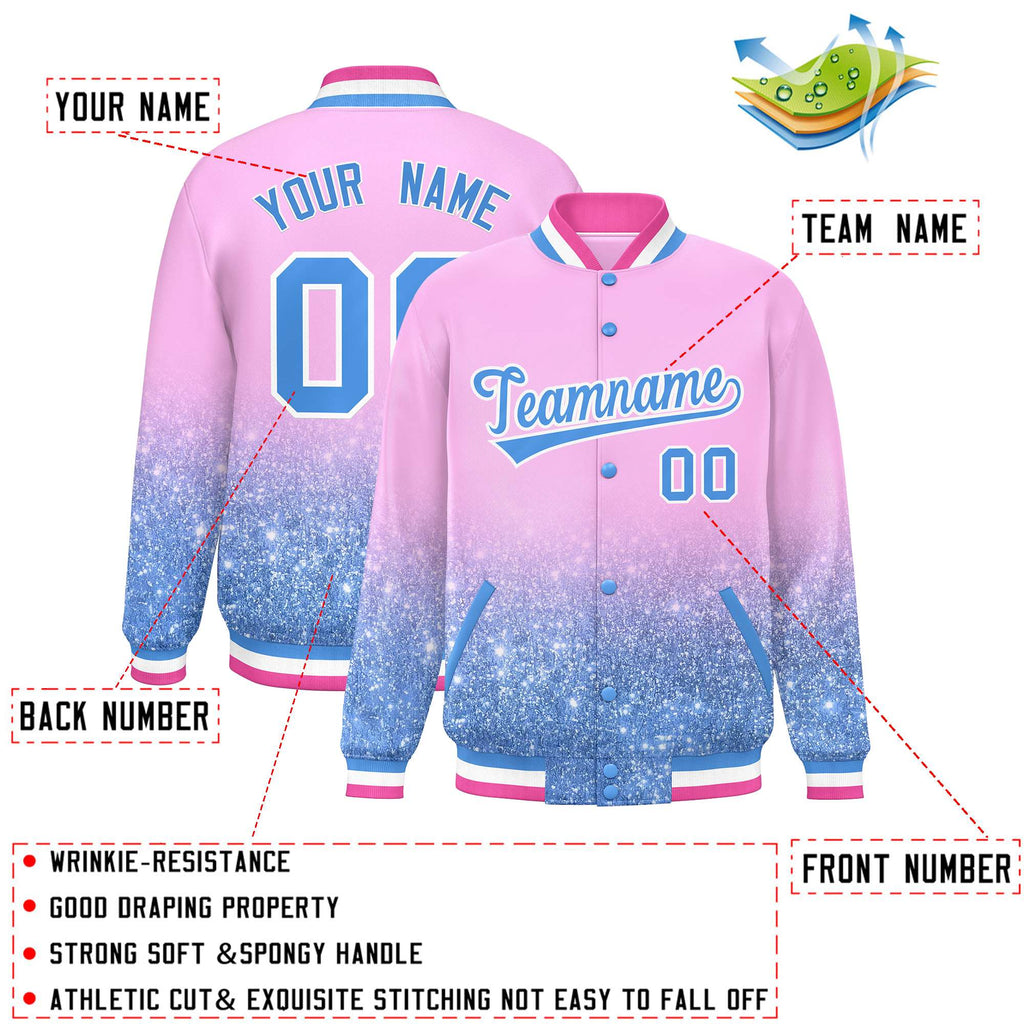 Custom Light Pink Varsity Full-Snap Sparkle-Effect Pattern Letterman Baseball Jacket