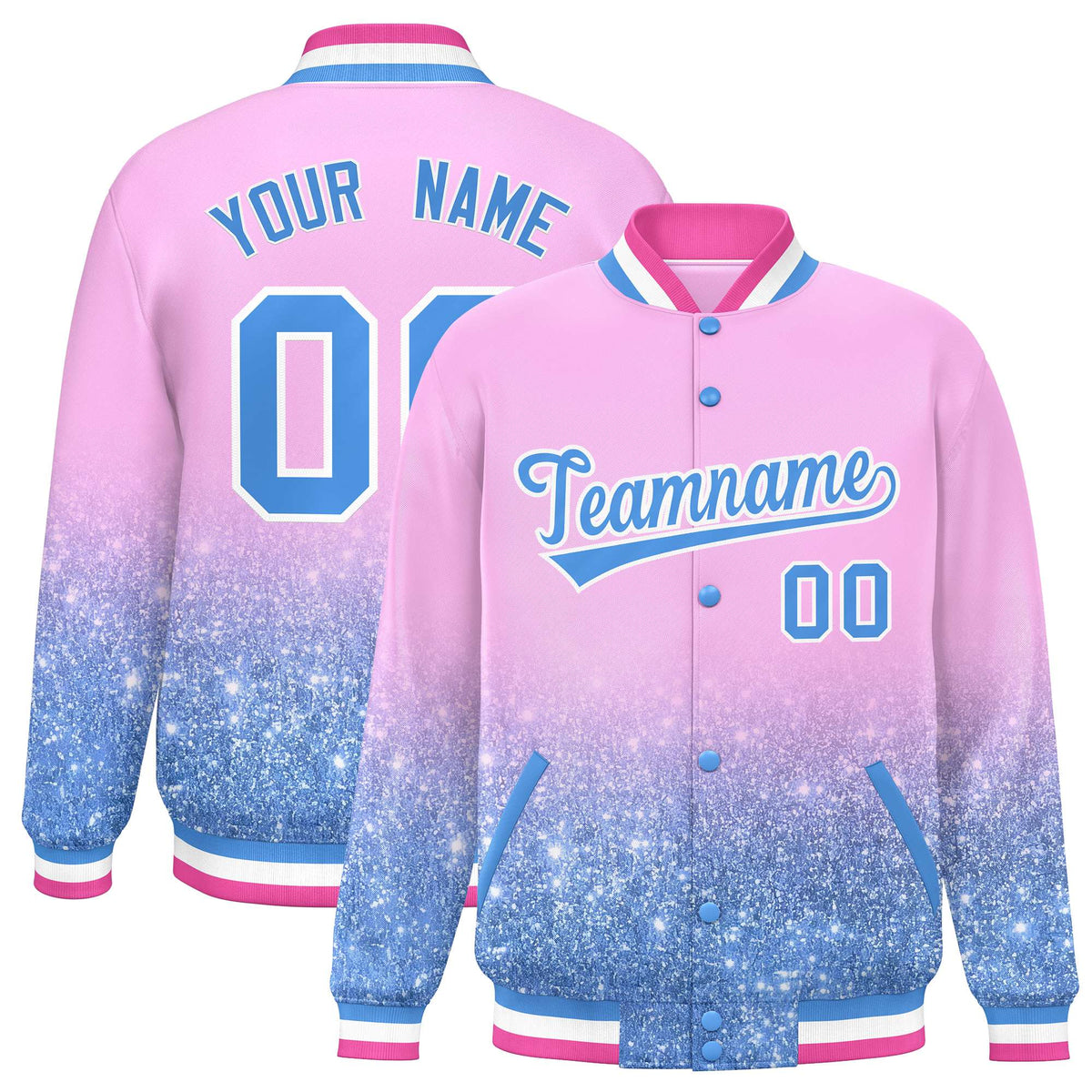 Custom Light Pink Varsity Full-Snap Sparkle-Effect Pattern Letterman Baseball Jacket