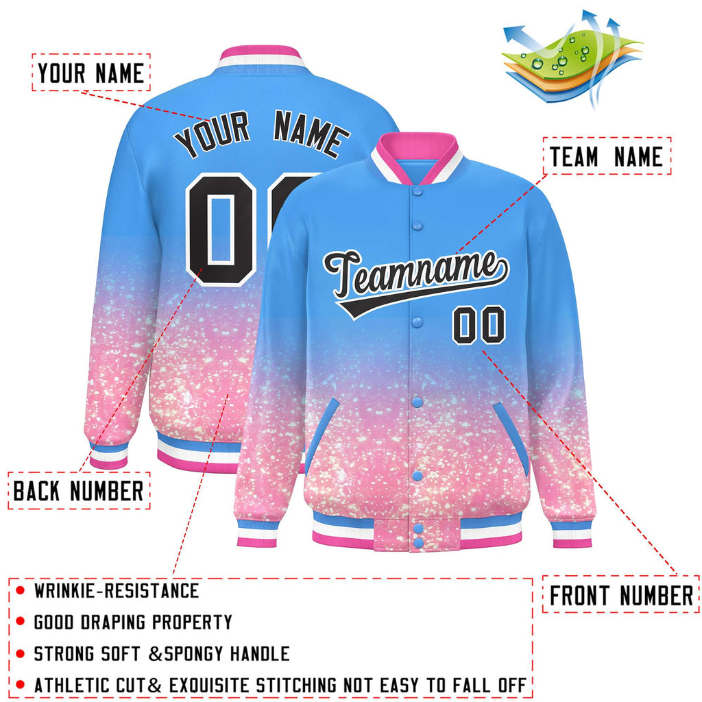 Custom Powder Blue Varsity Full-Snap Sparkle-Effect Pattern Letterman Baseball Jacket