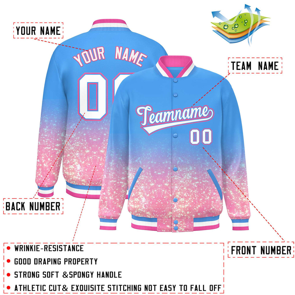 Custom Powder Blue Varsity Full-Snap Sparkle-Effect Pattern Letterman Baseball Jacket