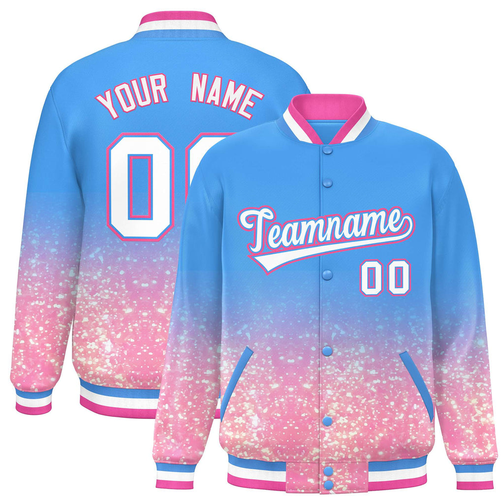 Custom Powder Blue Varsity Full-Snap Sparkle-Effect Pattern Letterman Baseball Jacket