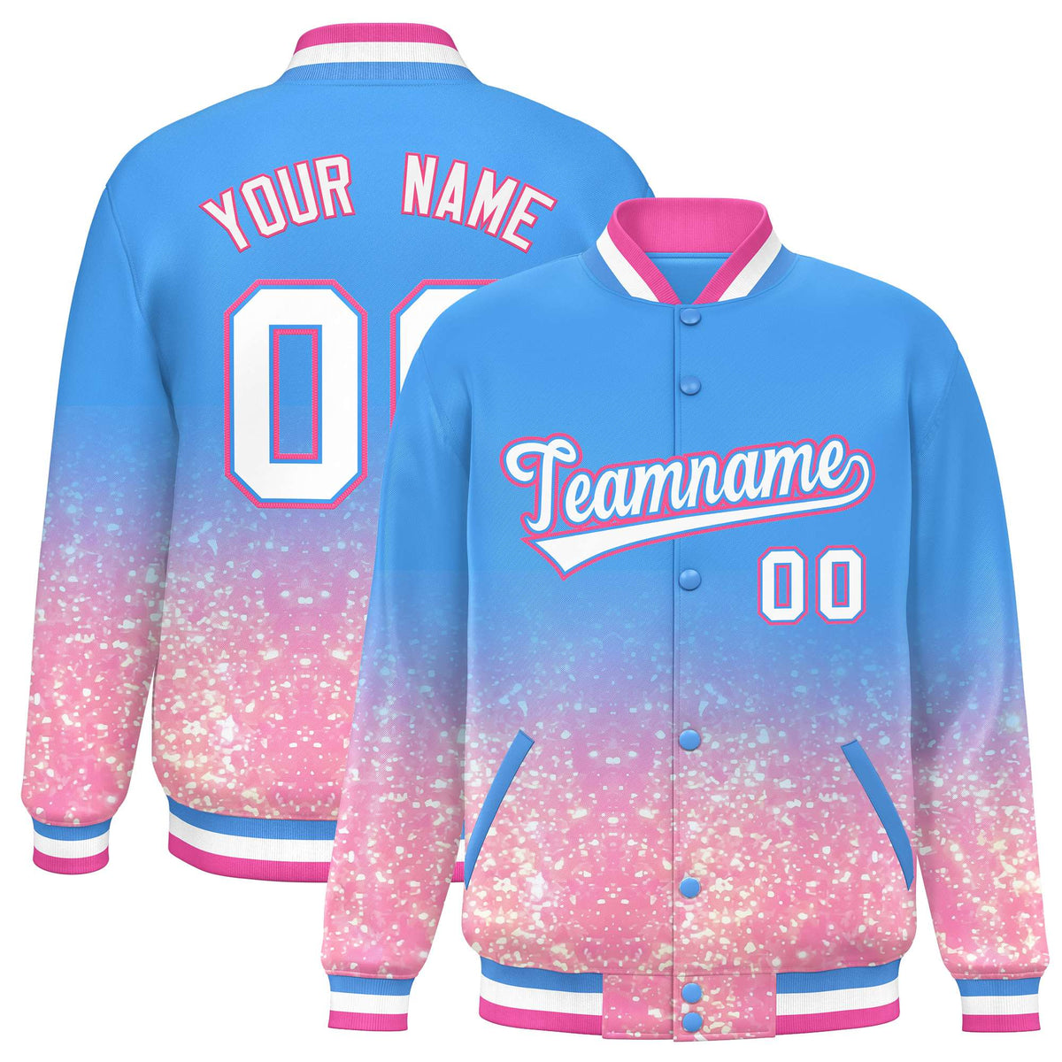 Custom Powder Blue Varsity Full-Snap Sparkle-Effect Pattern Letterman Baseball Jacket