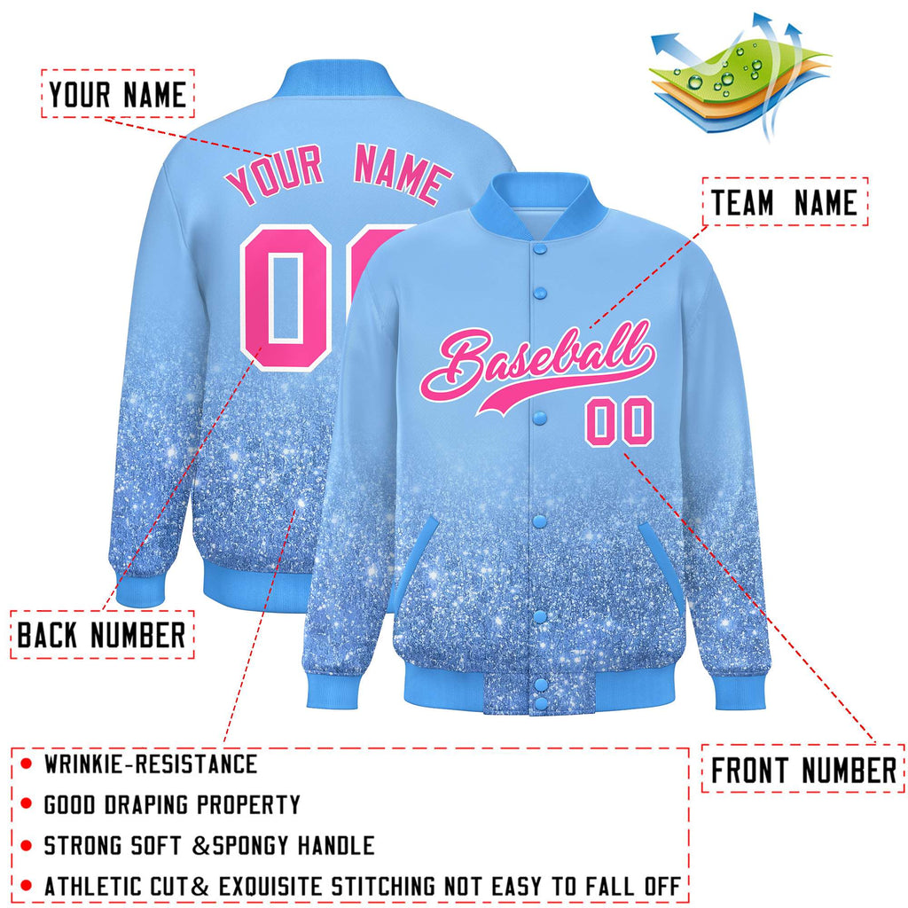 Custom Light Blue Varsity Full-Snap Sparkle-Effect Pattern Letterman Baseball Jacket