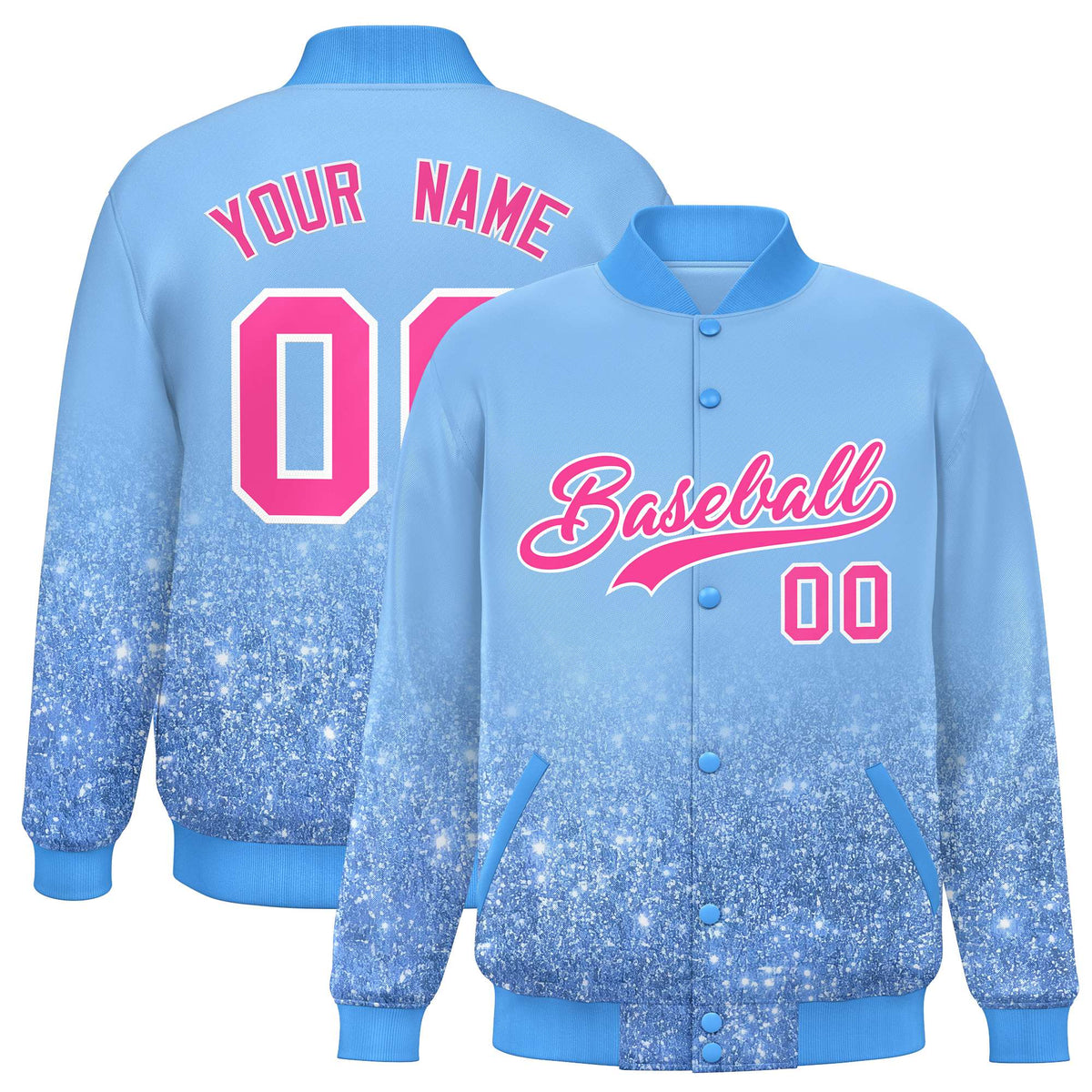 Custom Light Blue Varsity Full-Snap Sparkle-Effect Pattern Letterman Baseball Jacket