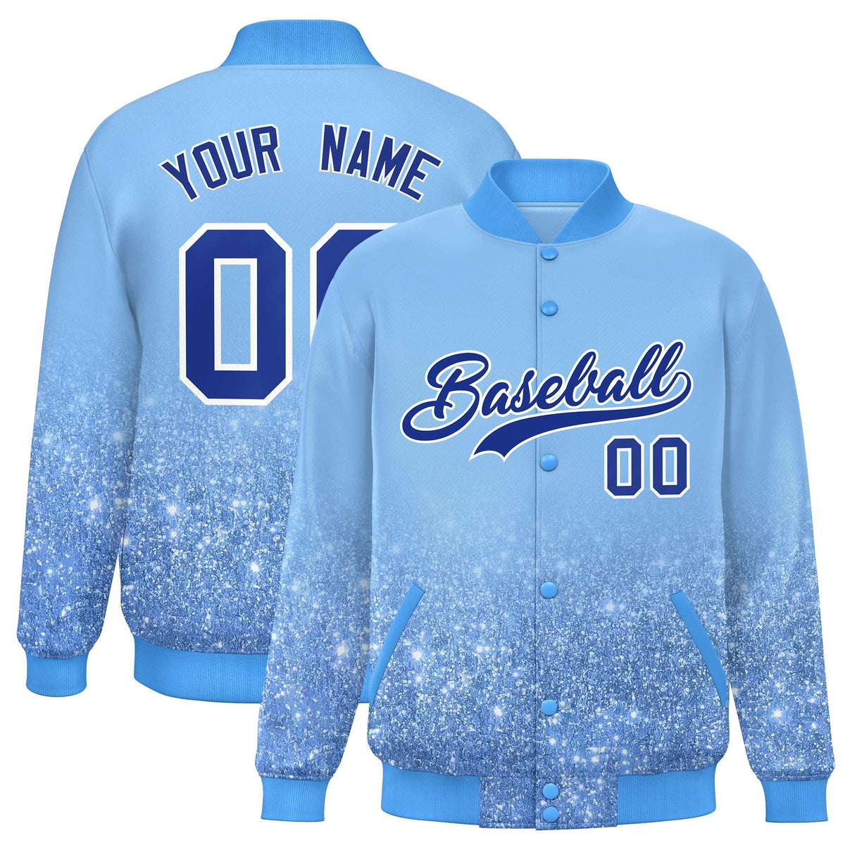 Custom Light Blue Varsity Full-Snap Sparkle-Effect Pattern Letterman Baseball Jacket