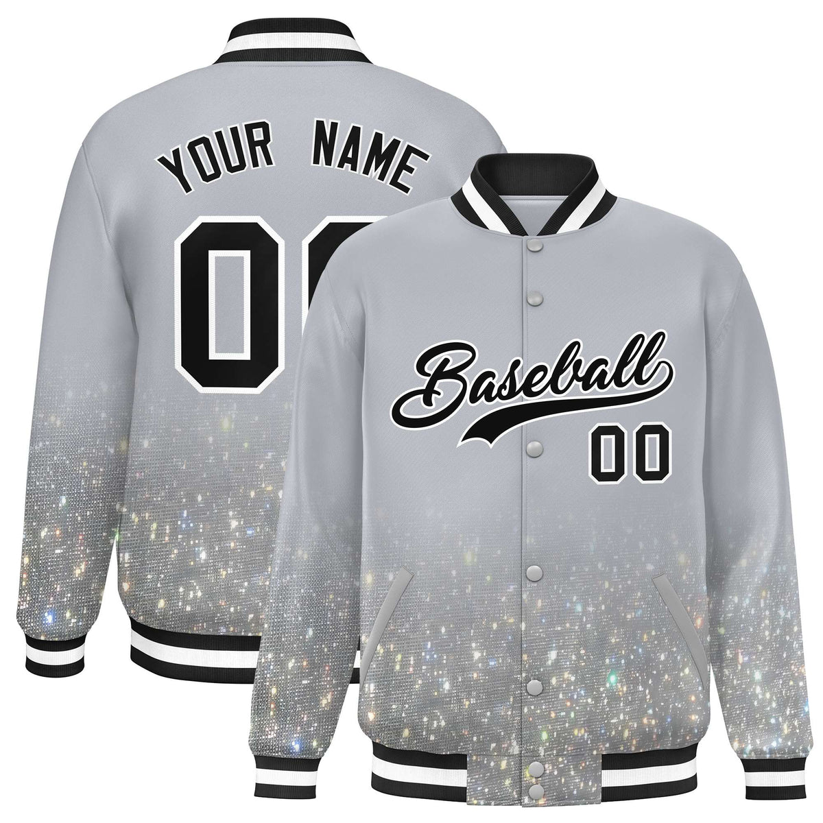 Custom Gray Varsity Full-Snap Sparkle-Effect Pattern Letterman Baseball Jacket