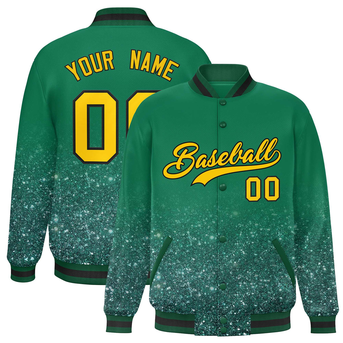 Custom Kelly Green Varsity Full-Snap Sparkle-Effect Pattern Letterman Baseball Jacket