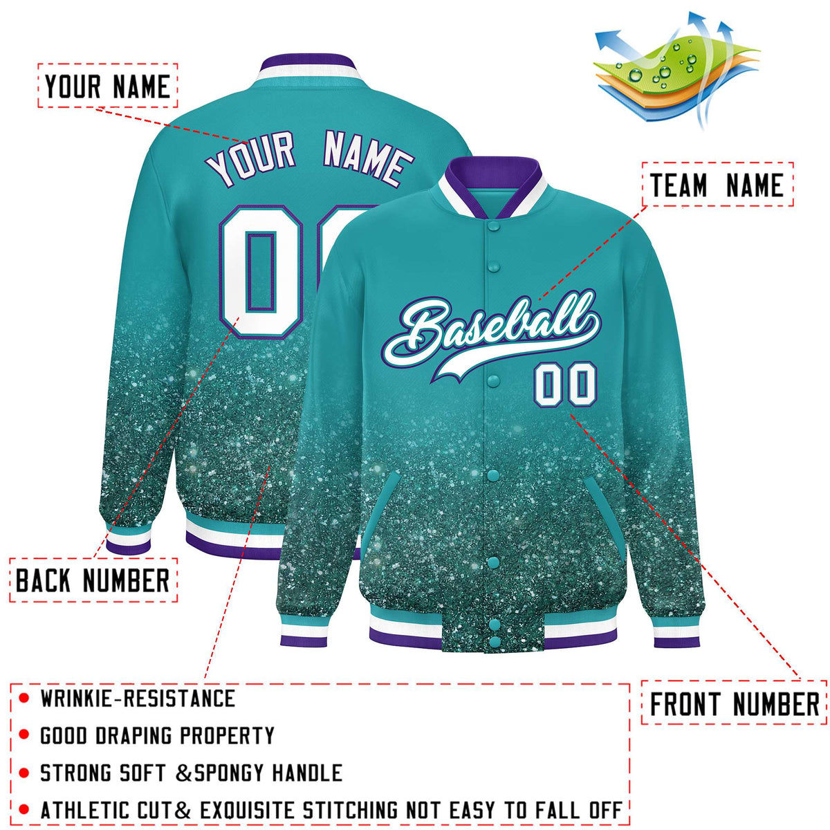 Custom Aqua Varsity Full-Snap Sparkle-Effect Pattern Letterman Baseball Jacket