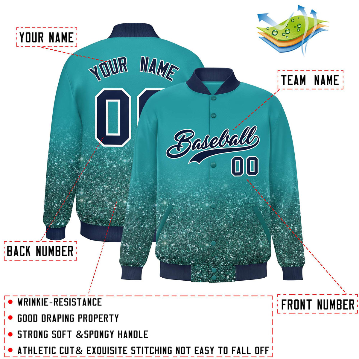 Custom Aqua Varsity Full-Snap Sparkle-Effect Pattern Letterman Baseball Jacket