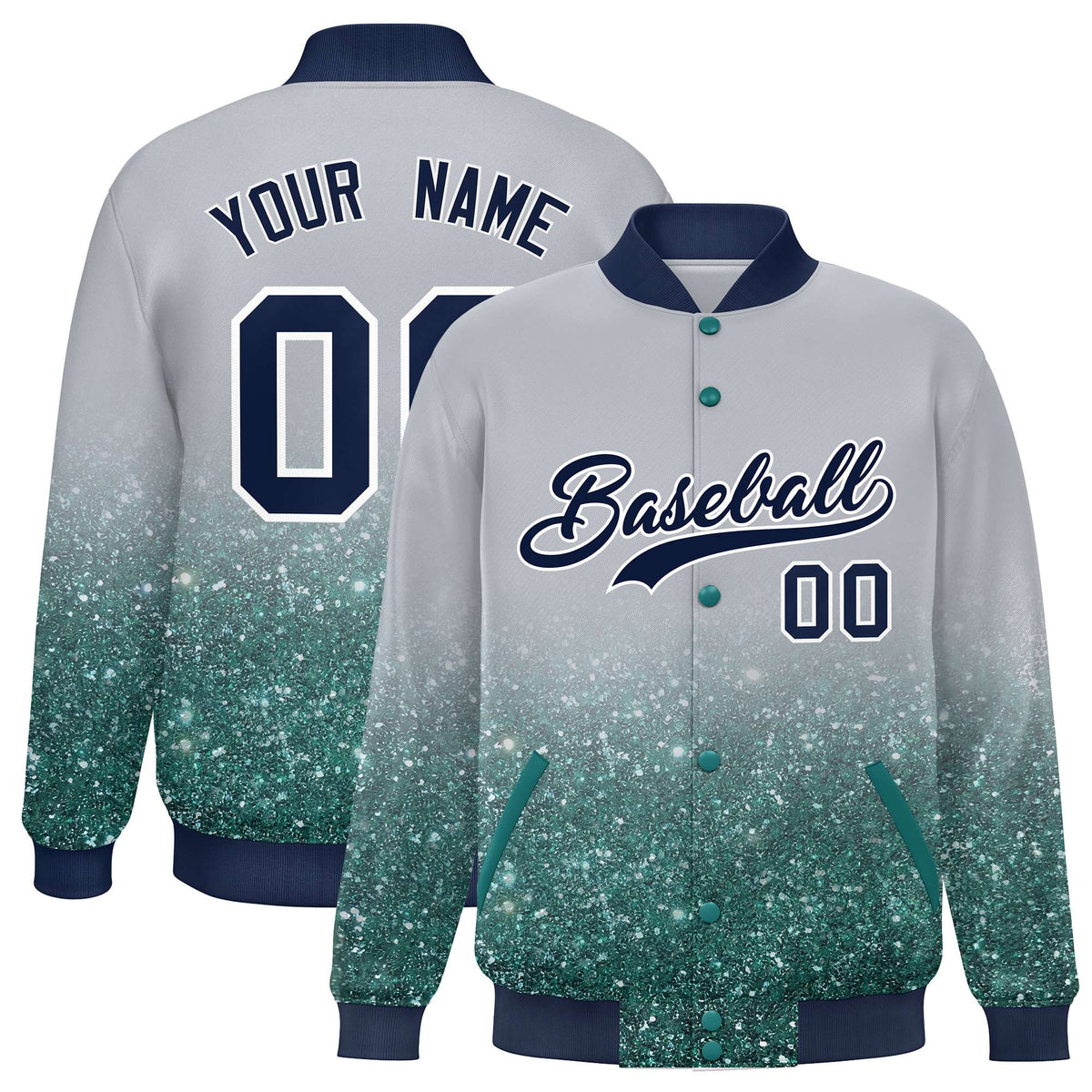Custom Gray Varsity Full-Snap Sparkle-Effect Pattern Letterman Baseball Jacket