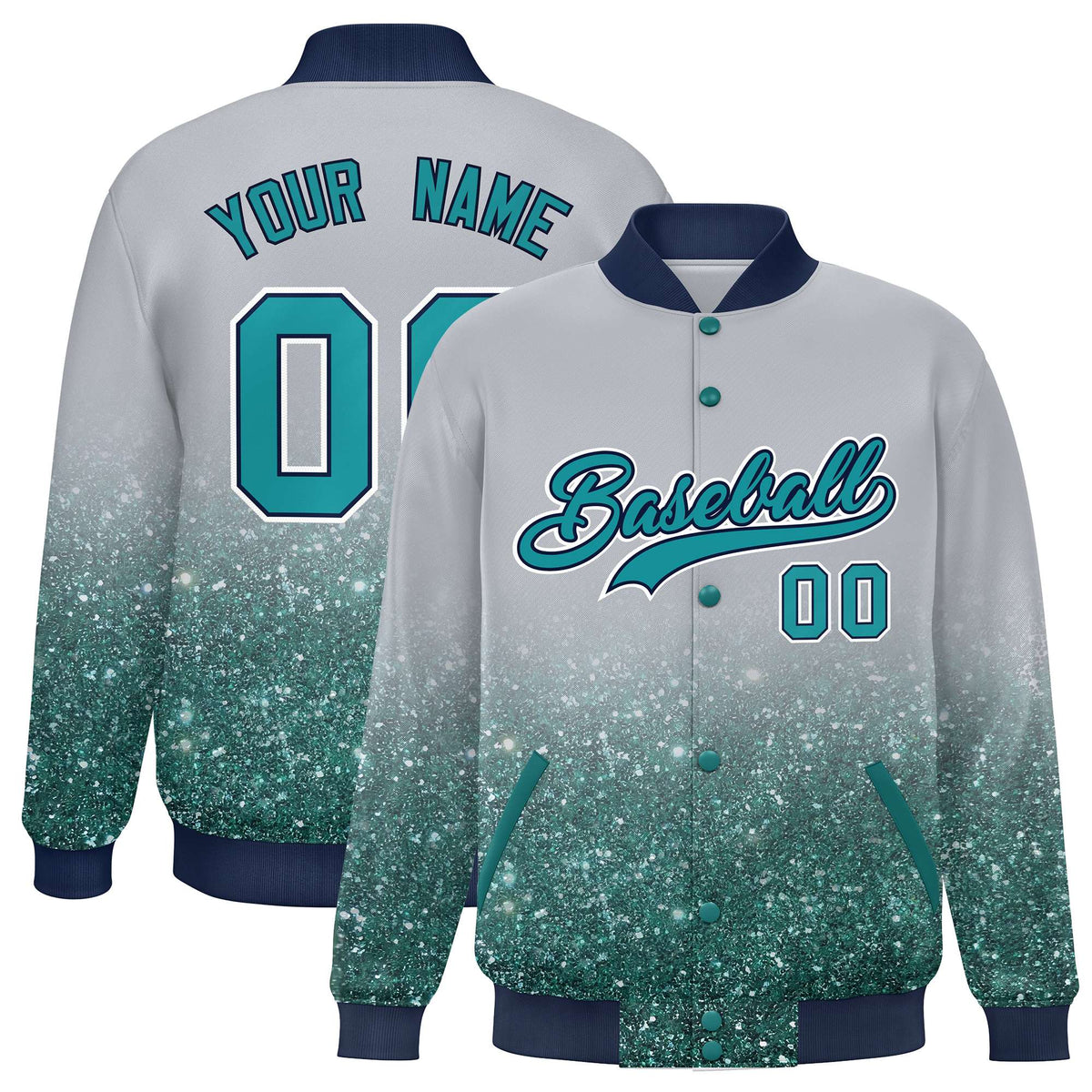 Custom Gray Varsity Full-Snap Sparkle-Effect Pattern Letterman Baseball Jacket
