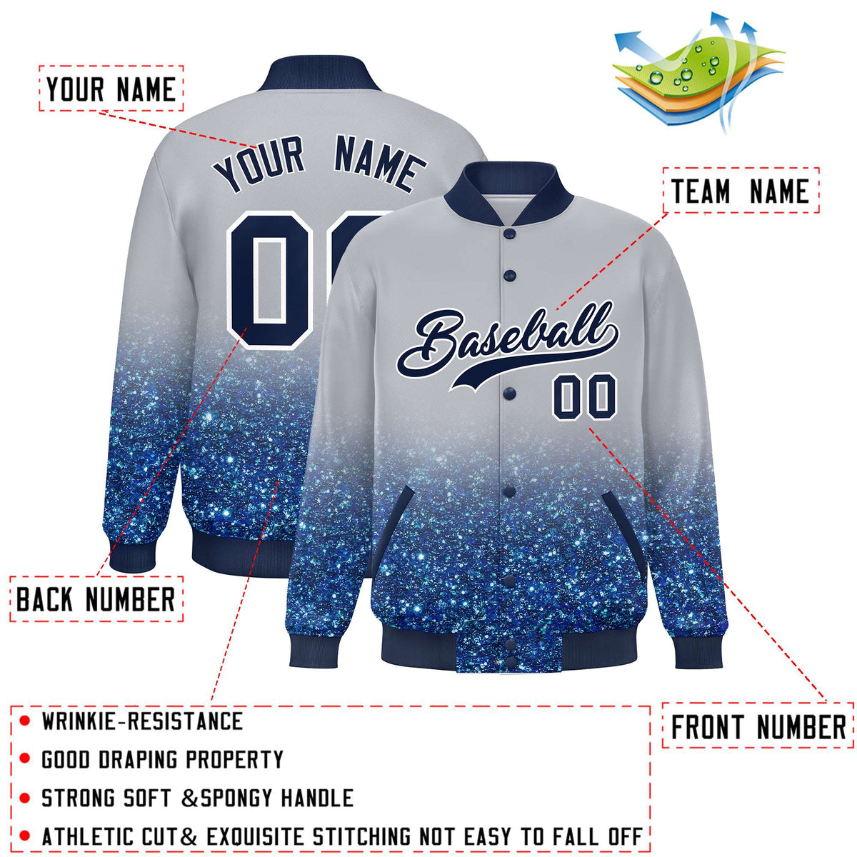 Custom Gray Varsity Full-Snap Sparkle-Effect Pattern Letterman Baseball Jacket