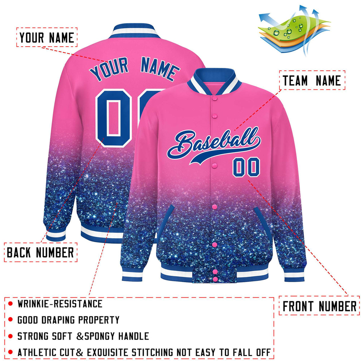 Custom Pink Varsity Full-Snap Sparkle-Effect Pattern Letterman Baseball Jacket