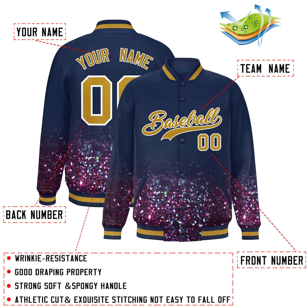 Custom Navy Varsity Full-Snap Sparkle-Effect Pattern Letterman Baseball Jacket
