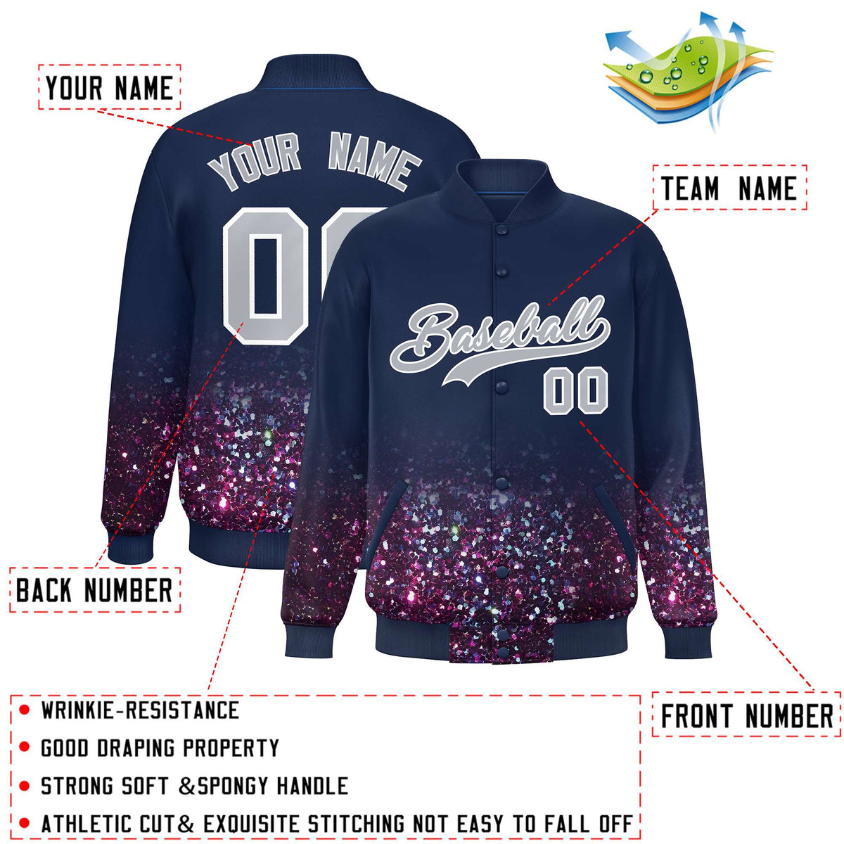 Custom Navy Varsity Full-Snap Sparkle-Effect Pattern Letterman Baseball Jacket