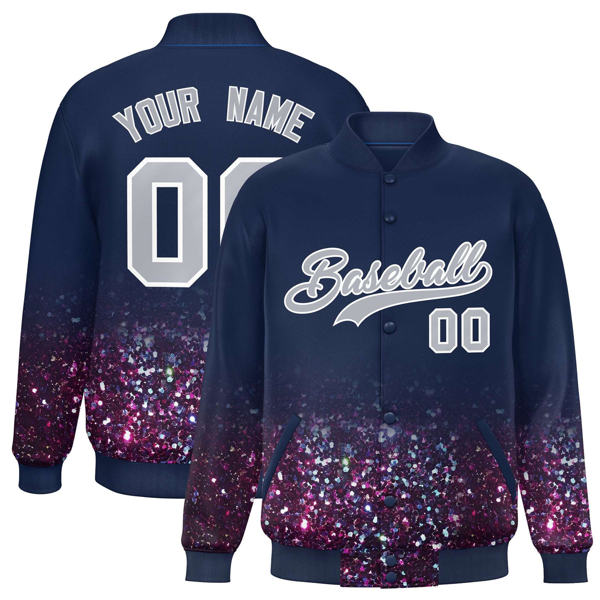 Custom Navy Varsity Full-Snap Sparkle-Effect Pattern Letterman Baseball Jacket
