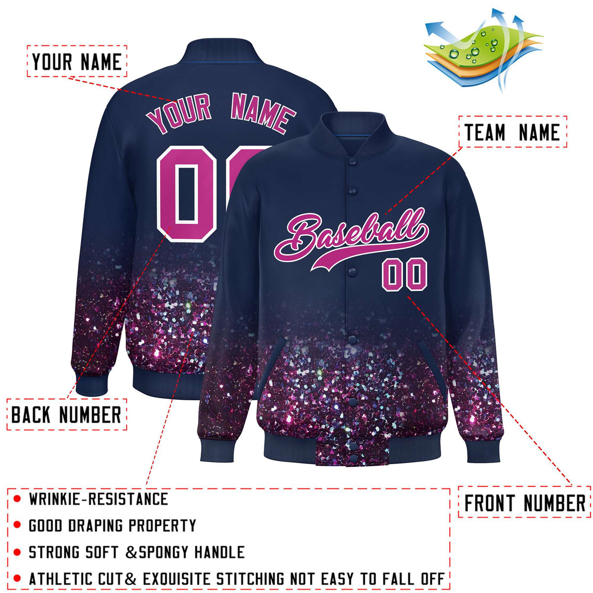 Custom Navy Varsity Full-Snap Sparkle-Effect Pattern Letterman Baseball Jacket